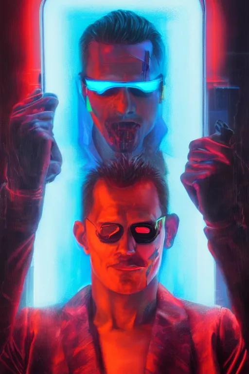 Prompt: detailed portrait of a cyberpunk male with face augmentations, strong neon lighting, raining, mysterious, mirror shades, by glenn fabry, hyper realistic, HD, oil on canvas