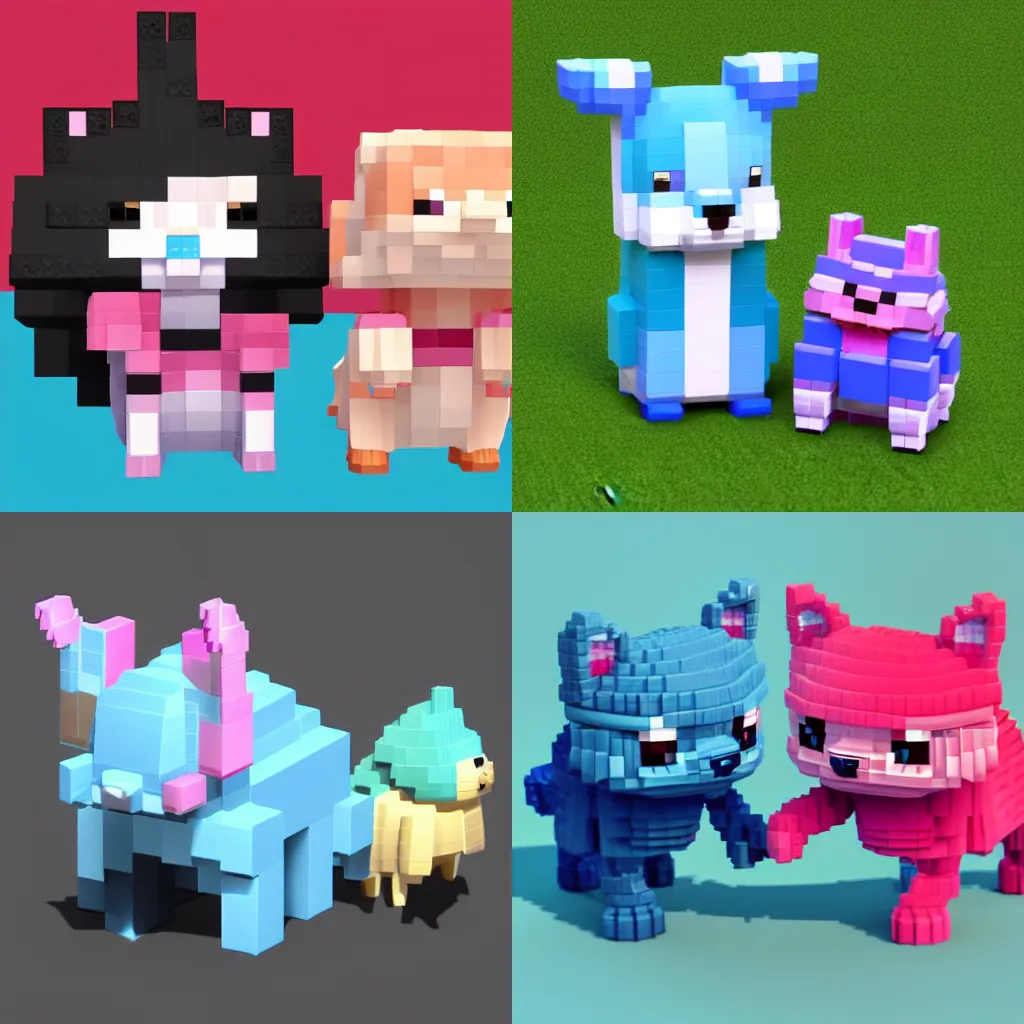 Prompt: cute japanese voxel art of a cyan and magenta tabby cat, trending on artstation, 8 k, 4 k