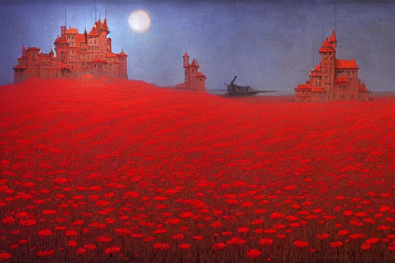 Image similar to only with red, red flowers of different types, a red tiger, a castle in the background, medieval demons dance over the flowers, an ancient path, in the style of beksinski, part by hopper, part by rodcenko, part by hofbauer, intricate composition, red by caravaggio, insanely quality, highly detailed, masterpiece, red light, artstation