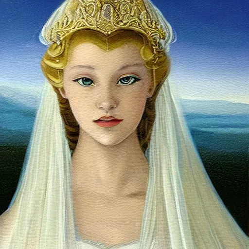 Image similar to A painting, beauty & mystery of Princess Aurora. Enigmatic smile and gaze invite us into her world, and we cannot help but be drawn in. Soft features & delicate way she is dressed make her almost ethereal. Landscape distance and mystery. What secrets Princess Aurora holds. Mediterranean, cosmic horror by Kentaro Miura, by Dean Cornwell, by Rene Magritte eclectic