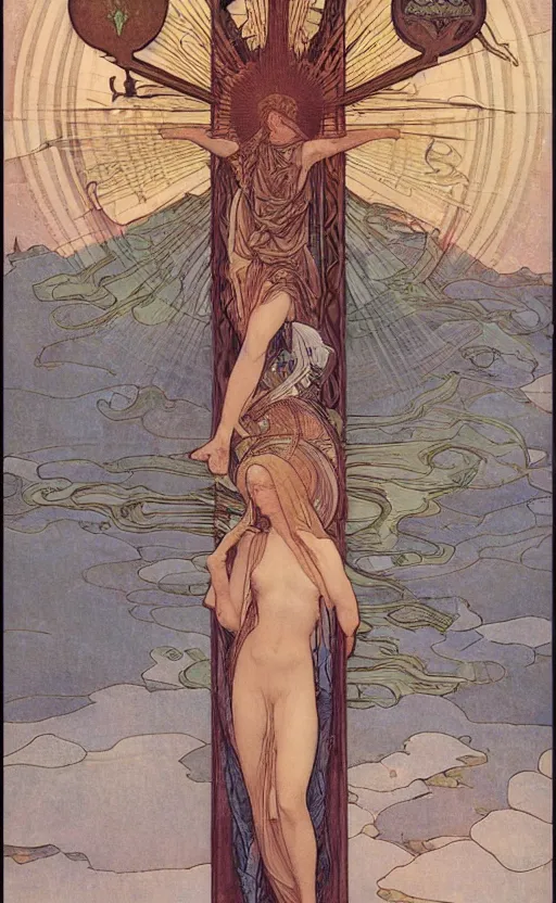 Image similar to a spiritual cross on top of a holy mountain, Mucha, Moebius, Mohrbacher