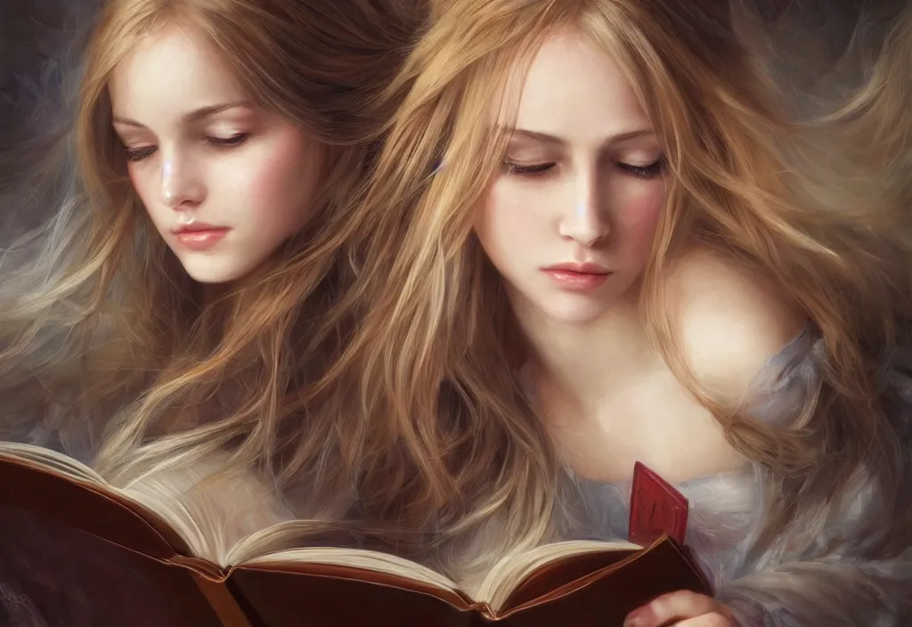 Image similar to a girl reading a book, hair flowing down, 8 k, hyperrealistic, hyperdetailed, fantasy portrait by laura sava, singular woman