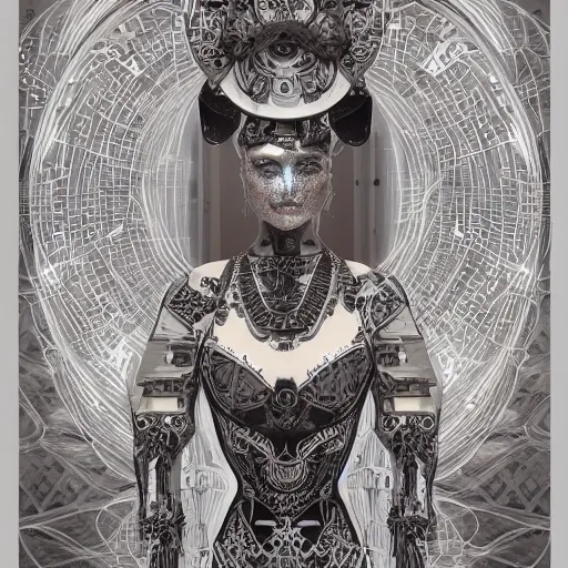 Image similar to the portrait of an absurdly graceful, sophisticated, fashionable ottomanpunk robotess idol, an ultrafine hyperdetailed illustration by kim jisu, intricate linework, neon wiring, porcelain skin, unreal engine 5 highly rendered, global illumination, radiant light, detailed and intricate environment, by wlop, artgerm