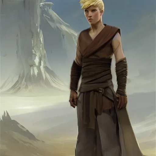 Image similar to a young blonde male jedi with short hair looking away at a threat full body shot concept art by Doug Chiang cinematic concept art, realistic painting, high definition, digital art, matte painting, symmetrical, very detailed, realistic, dramatic lighting, cinematic, establishing shot, extremely high detail, photo realistic, cinematic lighting, post processed, concept art, artstation, matte painting, red color scheme