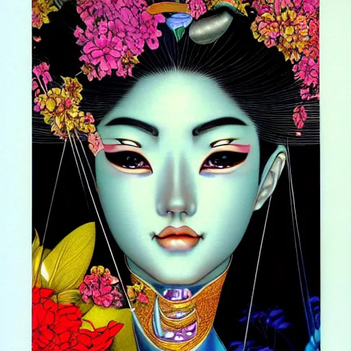 Image similar to colorful illustration of geisha, by hajime sorayama and james jean and junji ito