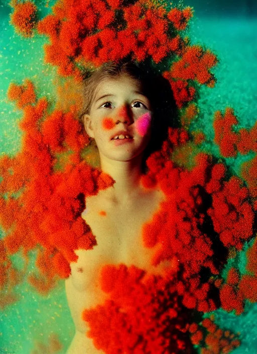 Prompt: realistic photo of a a blurred face of a girl, covered in shriveling dead coral reef, emitting aura 1 9 6 0, life magazine photo, natural colors, metropolitan museum, kodak, 8 k, very detailed, high resolution, product photo,