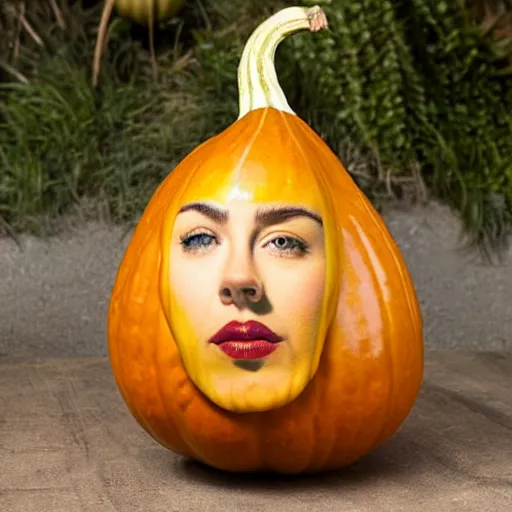 Image similar to gourd with face of amber heard hybrid intercross mix as a gourd