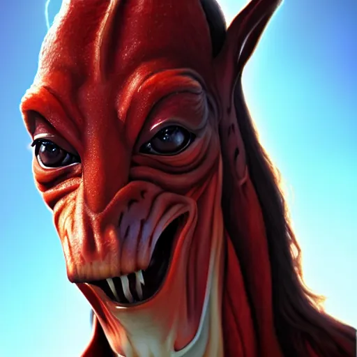 Image similar to jar jar Binks, perfect eyes, full body shot, portrait, vivid colors, elegant, concept art, sharp focus, digital art, Hyper-realistic, 4K, Unreal Engine, Highly Detailed, HD, Dramatic Lighting by Brom, trending on Artstation