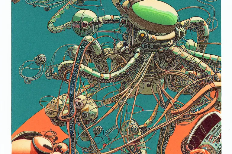 Image similar to risograph grainy drawing vintage sci - fi, satoshi kon color palette, gigantic fat mantis full - body covered with robot parts and wires, with lot tentacles, codex seraphinianus painting by moebius and satoshi kon and dirk dzimirsky close - up portrait