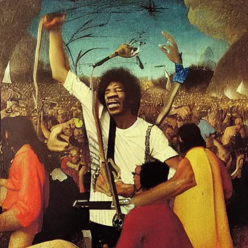 Image similar to jimy hendrix at woodstock by hieronymus bosch