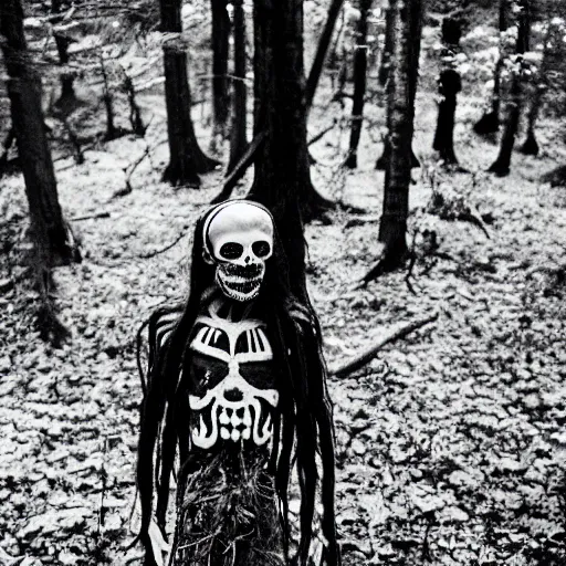 Image similar to extra close-up, bw film photography, portrait of skelleton standing in a forrest, in style of ren hang, 35mm, film photo