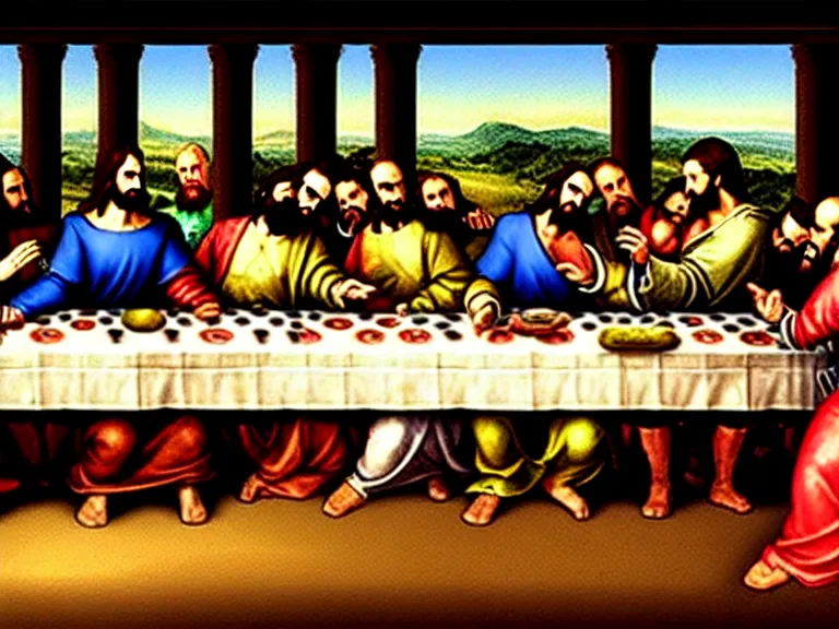 Prompt: smash bros renaissance painting of the last supper with nintendo consoles and game boxes piled everywhere