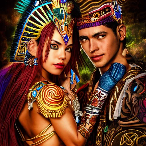 Prompt: the marriage between a aztec god and a modern goddess in the style of high urban fantasy Hyper detailed Hyper Photorealistic High Resolution HD 8k post-processing