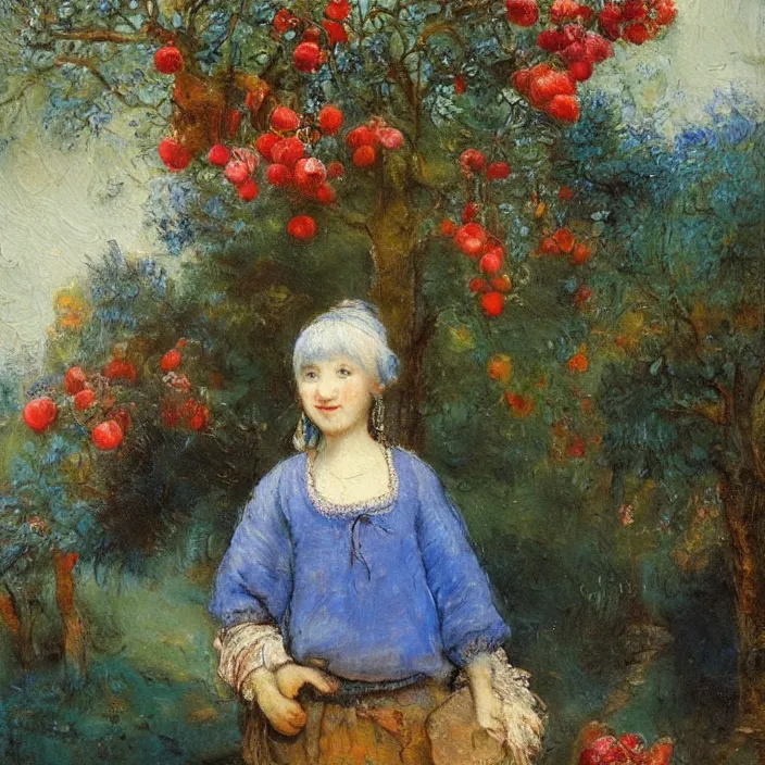 Prompt: a blue hair girl in pomegranate garden, landscape, oil painting by rembrandt