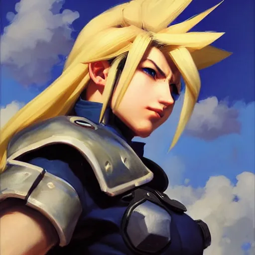 Image similar to Greg Manchess portrait painting o Cloud Strife as Overwatch character, medium shot, asymmetrical, profile picture, Organic Painting, sunny day, Matte Painting, bold shapes, hard edges, street art, trending on artstation, by Huang Guangjian and Gil Elvgren and Sachin Teng