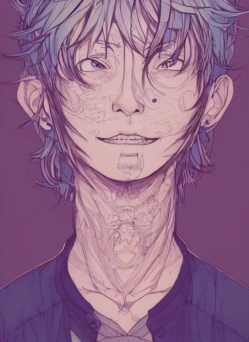 Image similar to portrait of happy anime boy, an ultrafine detailed illustration by james jean, intricate linework, bright colors, final fantasy, behance contest winner, vanitas, angular, altermodern, unreal engine 5 highly rendered, global illumination, radiant light, detailed and intricate environment