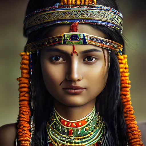 Image similar to portrait of a stunningly beautiful alluring and attractive nepalese tribal female maiden, depth of field, zeiss lens, detailed, symmetrical, centered, fashion photoshoot, by annie leibovitz and steve mccurry, david lazar, jimmy nelsson, breathtaking, 8 k resolution, extremely detailed, beautiful, establishing shot, artistic, hyperrealistic, beautiful face, octane render