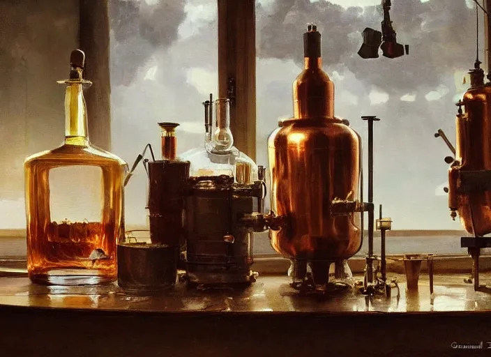 Image similar to oil painting of beautiful copper still, distillation, barley grains, plants and whiskey bottle, art by anders zorn, wonderful masterpiece by greg rutkowski, beautiful cinematic light, american romanticism by greg manchess, creation by tyler edlin