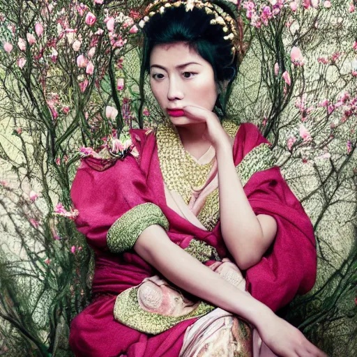 Image similar to photography of the asian queen sitting in the flower thorn, beautiful face, masterpiece costume, jewellery, high quality, elegant, emotionally touching, cool, deep gaze, mystery, tenderness rehahn style