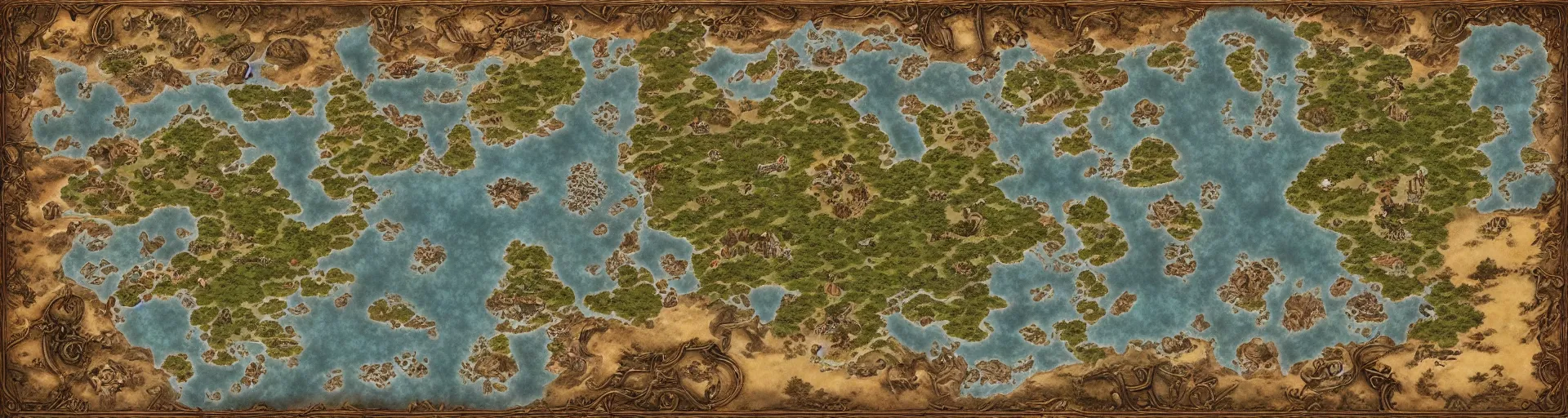 Prompt: fantasy world atlas in the style of an mmorpg world map, extremely detailed, fantasy, no text, 4 k