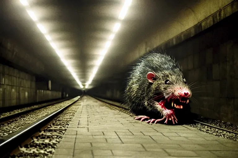 Prompt: very large giant mutant zombie irradiated ( angry rat ) staying on railways in tonnel of moscow subway. giant rat. 4 k, very realistic. extreme long shot, low dark light, scary mood, anish kapoor, herman nitsch.