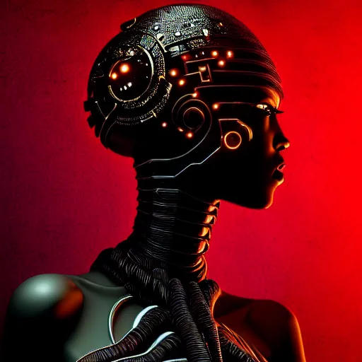 Prompt: portrait of an absurdly beautiful, graceful, sophisticated, fashionable black cyberpunk mechanoid gravure idol, hyperdetailed illustration by irakli nadar, matt wisniewski style, intricate linework, fashion photography, dark black porcelain skin, jellyfish headdress, brown eyes, unreal engine 5 highly rendered, red light, detailed and intricate environment