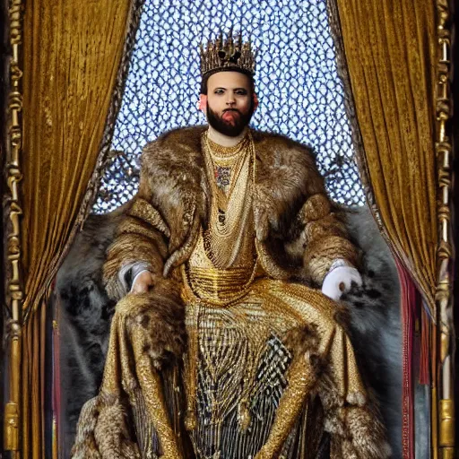 Image similar to Award Winning Highly Detailed Portrait Photo of Mythological King Royally decorated sitting in a shining Filigree throne designed by Gaudi, Silks, Furs, wide-angle long shot