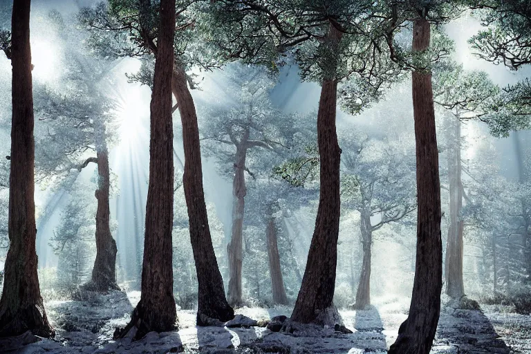 Prompt: portrait of juniper trees in a forest during a blizzard. shadow and light. rays of light. energetic, dynamic, lively, detailed, intricate, complex. fine art by hayao miyazaki, akira toriyama, makoto shinkai, and ohara koson. studio lighting. tilt and shift lens. bokeh.