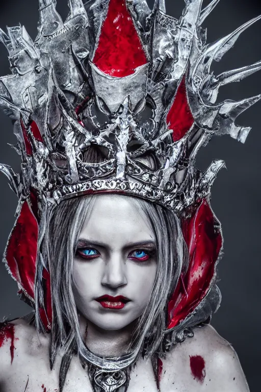 Image similar to the blood crown queen wear the scarlet armor, cinematic lighting, various refining methods, micro macro autofocus, ultra definition, award winning photo
