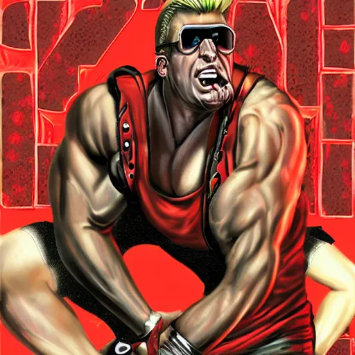 Image similar to Duke Nukem, red tank-top, Duke Nukem 90s cover art