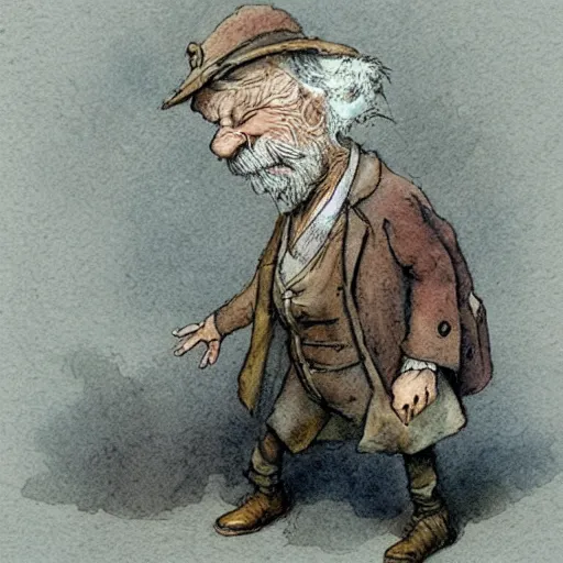 Image similar to a muted color watercolor sketch of a little person story book character by Jean-Baptiste Monge of an old man in the style of by Jean-Baptiste Monge that looks like its by Jean-Baptiste Monge and refencing Jean-Baptiste Monge