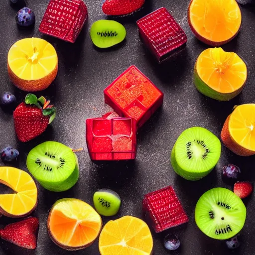 Image similar to edible rubic's cube made from fruit, food photography