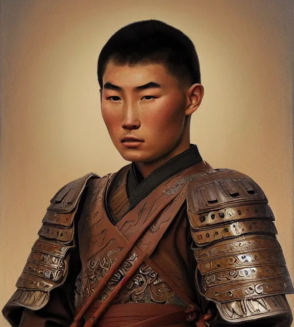 Prompt: portrait of a handsome young mongolian warrior, art by denys tsiperko and bogdan rezunenko and eugene girardet, hyperrealism