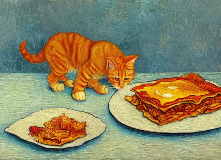 Image similar to detailed realistic realism painting of orange tabby cat eating lasagna at dusk, in the style of vincent van gogh and salvador dali and leonardo da vinci