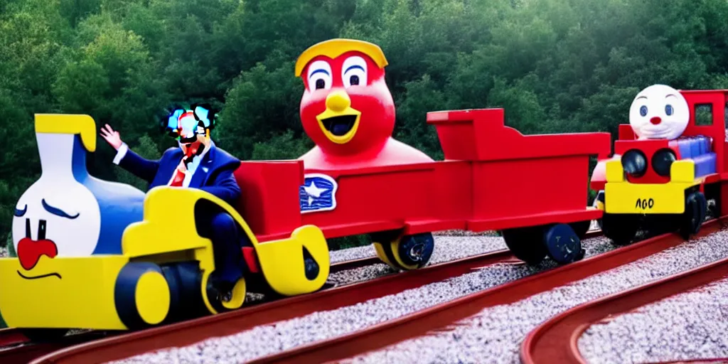 Image similar to Photo of Donald J. Trump crashing a kiddy train into gravel, screaming, taken in Silver Dollar City 2020