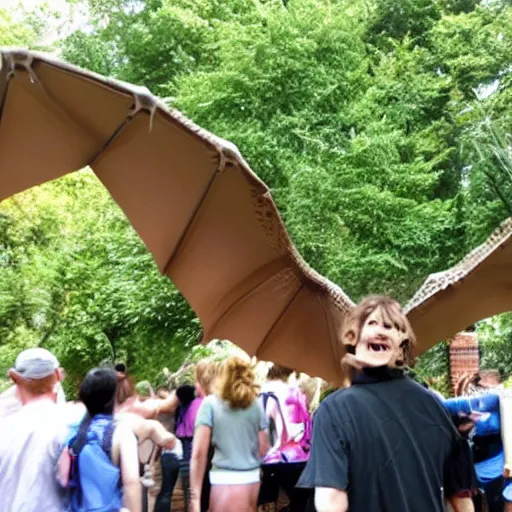 Prompt: pterodactyl hanging out with people,