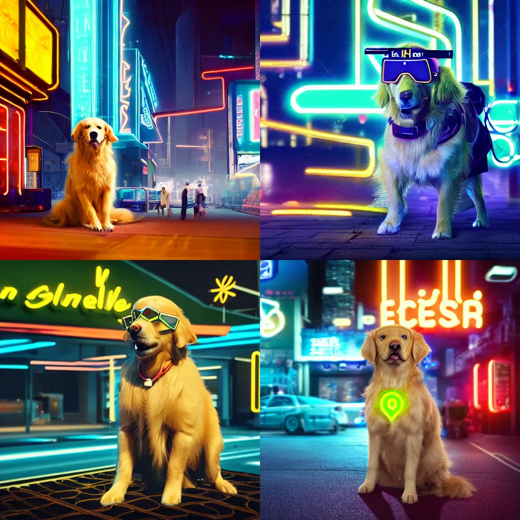 Prompt: a golden retriever wearing goggles in a cyberpunk world with neon signs behind him at night, hyperrealistic VFX render