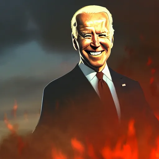 Image similar to joe biden smiling while behind him the world is burning, dramatic lighting, cinematic, establishing shot, extremly high detail, photorealistic, cinematic lighting, artstation, style by James Gurney