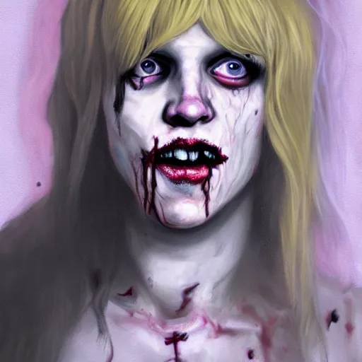 Image similar to color portrait of young courtney love as a zombie, 7 days to die zombie, gritty background, fine art, award winning, intricate, elegant, sharp focus, cinematic lighting, digital painting, 8 k concept art, art by michael hussar, art by brom, art by guweiz and z. w. gu, 8 k