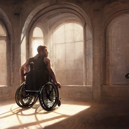 Image similar to handsome portrait of a wheelchair guy fitness posing, radiant light, caustics, war hero, playing wheelchair basketball, by gaston bussiere, bayard wu, greg rutkowski, giger, maxim verehin