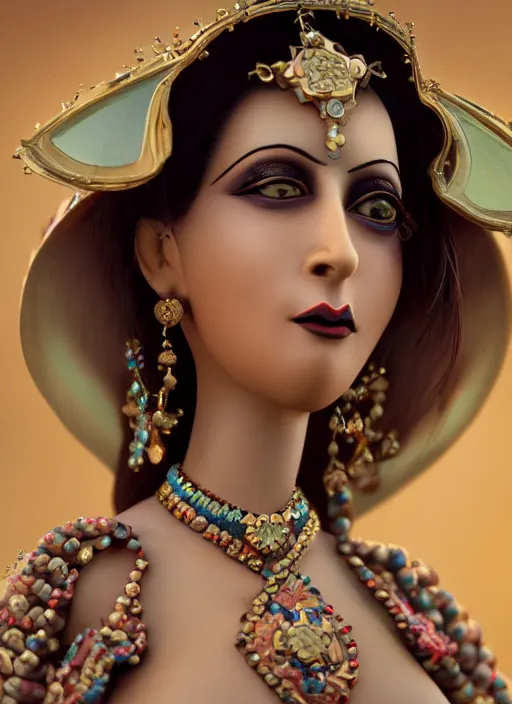 Image similar to closeup profile portrait of tin toy mata hari, bikini, depth of field, zeiss lens, detailed, symmetrical, centered, fashion photoshoot, by nicoletta ceccoli, mark ryden, lostfish, breathtaking, 8 k resolution, extremely detailed, beautiful, establishing shot, artistic, hyperrealistic, octane render