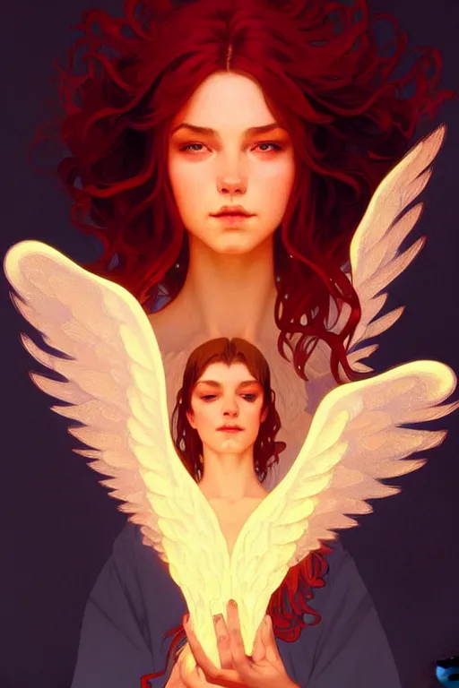 Image similar to a beautiful fire angel, fantasy, portrait, sharp focus, intricate, elegant, digital painting, artstation, matte, highly detailed, concept art, illustration, ambient lighting, art by ilya kuvshinov, artgerm, Alphonse mucha, and Greg Rutkowski