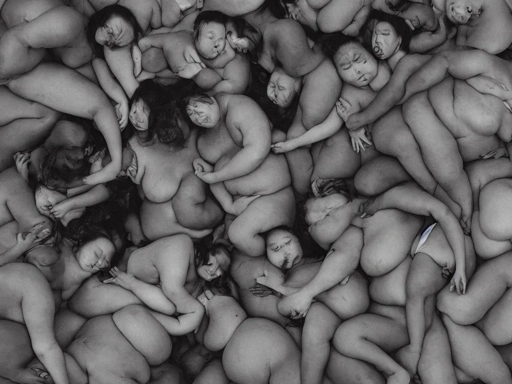 Image similar to a group of fat human bodies intertwined, dense fog, in the style of nobuyoshi araki and klimt,