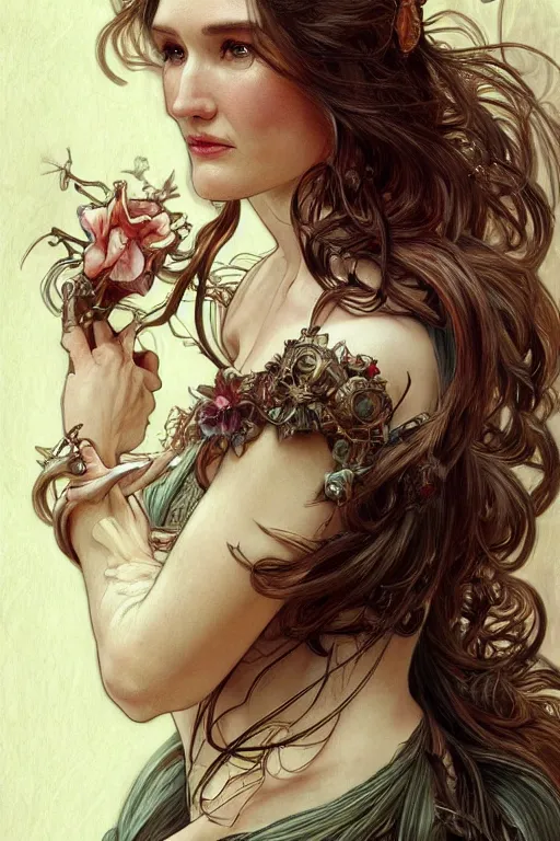 Image similar to carice van houten, anatomy, cute, fantasy, bright, intricate, elegant, highly detailed, digital painting, 4 k, hdr, concept art, smooth, sharp focus, illustration, art by artgerm and h r giger and alphonse mucha