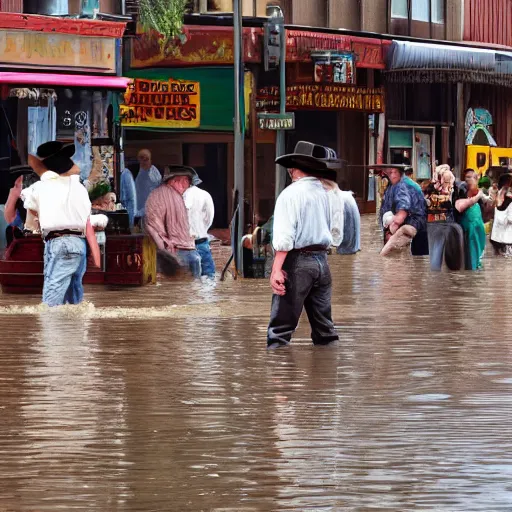 Prompt: flood on Wild West town, crowd cowboy at high noon, hyperrealistic