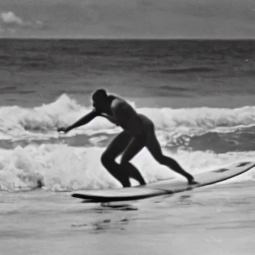 Prompt: Adolf Hitler surfing at the Hawaii, Old photo, 1930