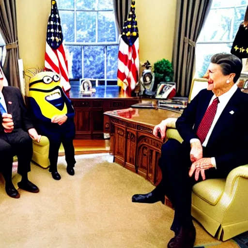 Image similar to a minion meeting president ronald reagan, zoom photograph, oval office, despicable me minions