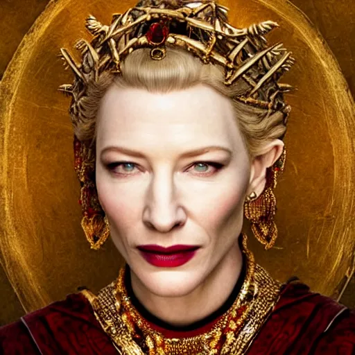 Image similar to Portrait cate blanchett ancient biblical, sultry, sneering, evil, pagan, wicked, queen jezebel, wearing gilded ribes, highly detailed, masterpiece 8K digital illustration