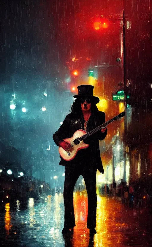 Image similar to a painting of slash playing the guitar, rainy night, lights, particles, depth of field, raindrops, crowd, lights, top hat by greg rutkowski, featured on artstation