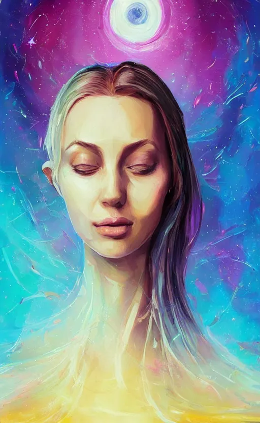 Image similar to a beautiful painting portrait of galadriel beautiful and fair skin, art of alena aenami, featured on artstation, vertical orientation, paint brush strokes, expressionism, brushstroke - laden, breathtaking clouds, birds, ocean, beautiful stars, long exposure, big moon radius, airy midnight theme, blue purple gradient, lens flare